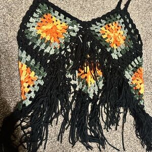 Boho Crochet Fringe Crop Top - Black, Orange, Green